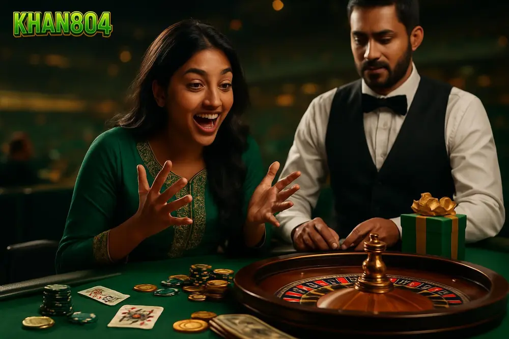 KHAN804 games — a young Pakistani woman excitedly watching a spinning roulette wheel beside a dealer at a lively table