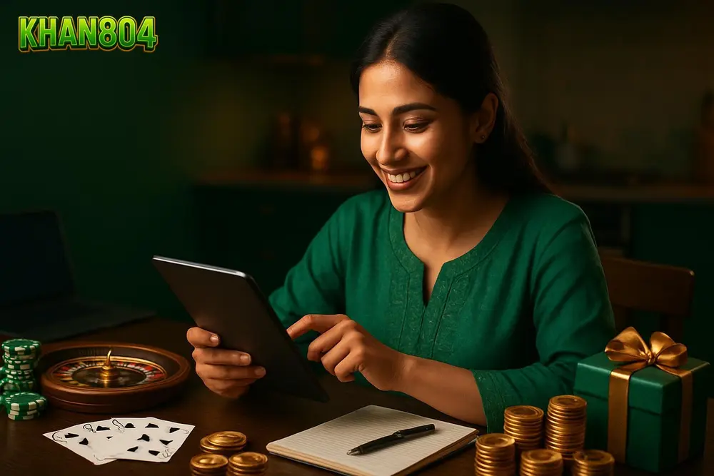 KHAN804 register — a Pakistani woman smiling while entering details on a tablet at a kitchen table with a notebook